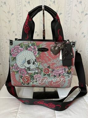 Ed Hardy Pink Floral Skull Satchel